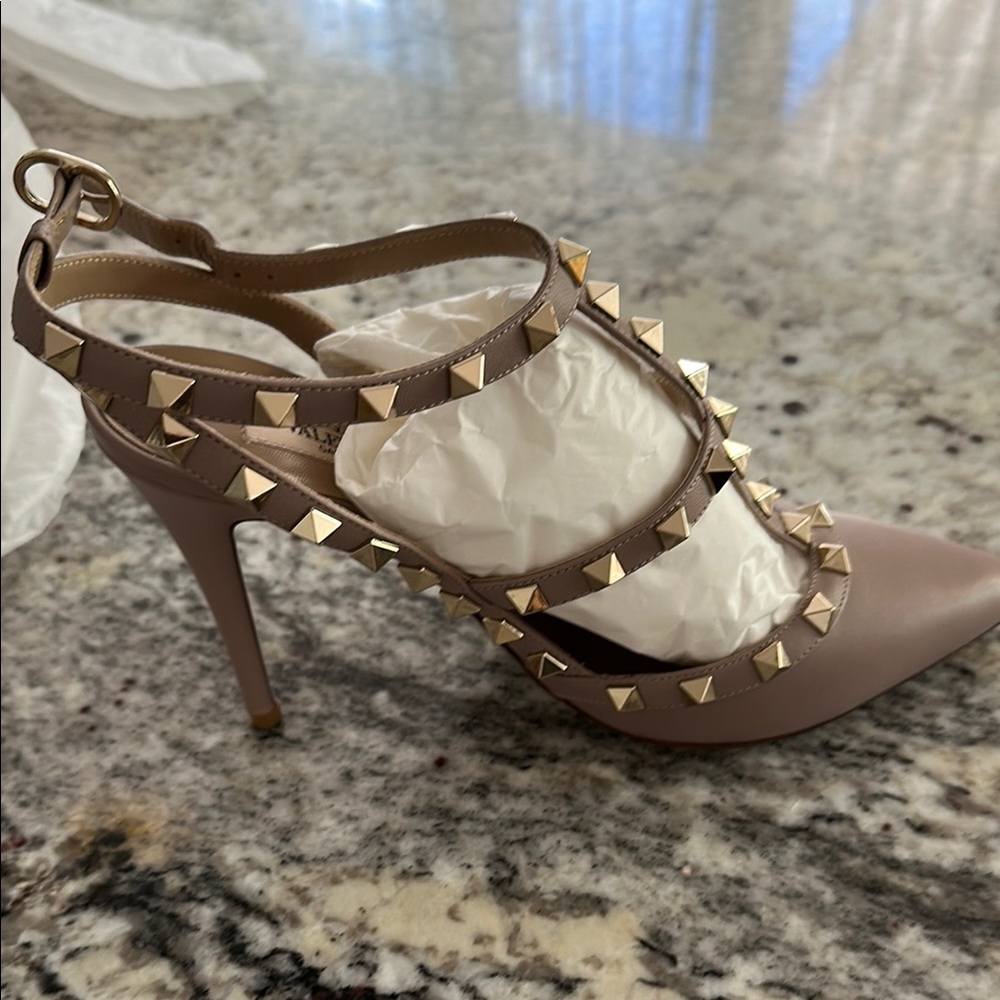 Valentino Taupe Heels with Gold Studs